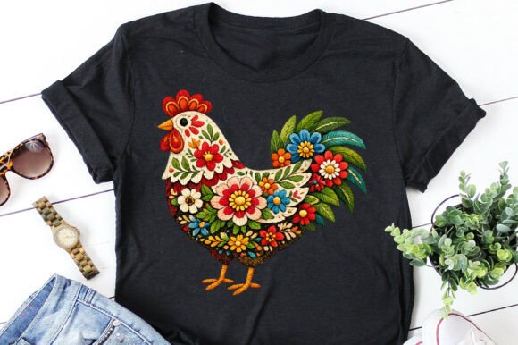 Floral Chicken Embroidery PNG T-Shirt