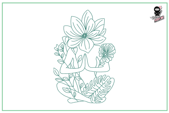 Lotus Girl, Floral Redwork Embroidery